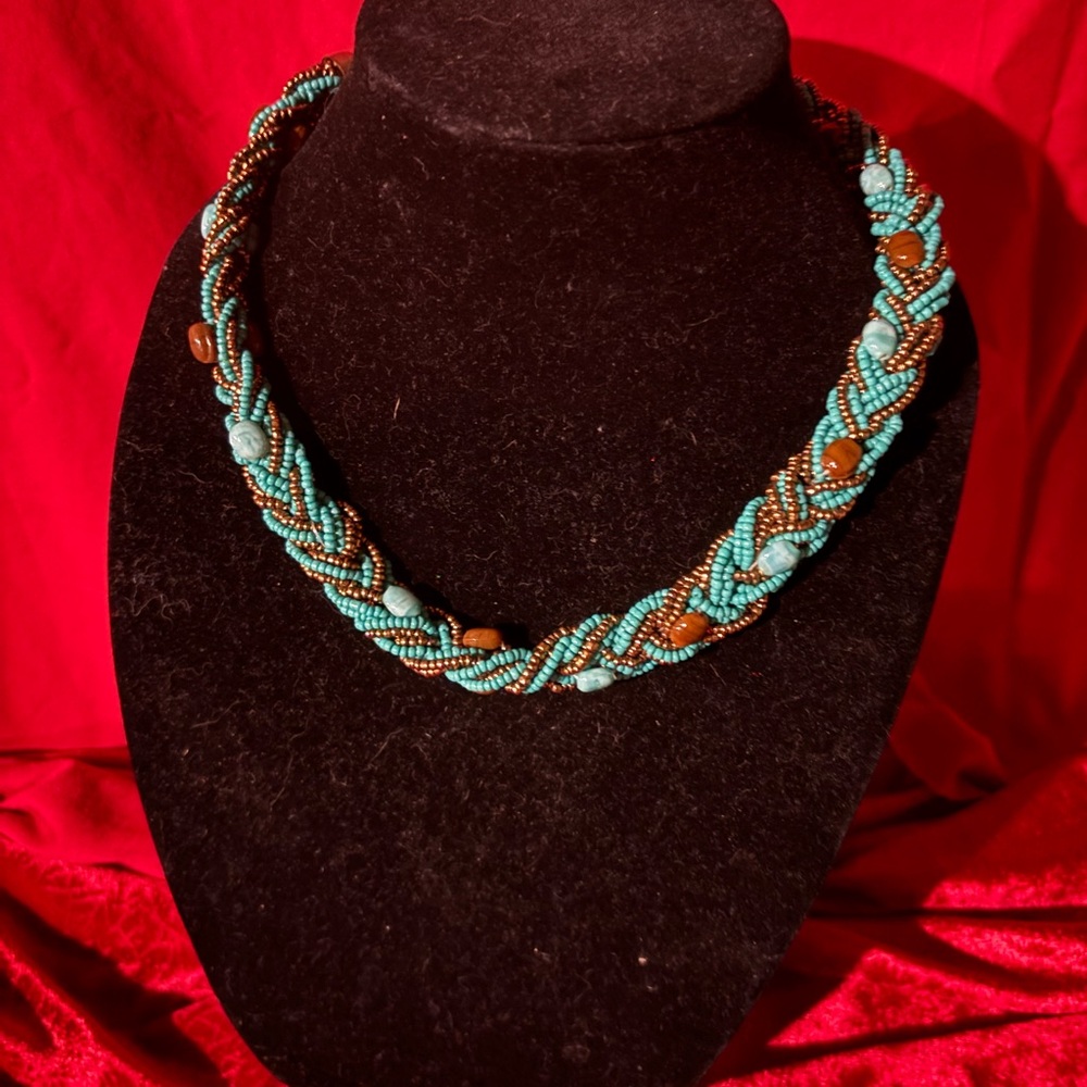 Braided Turquoise and Brown Beaded Necklace